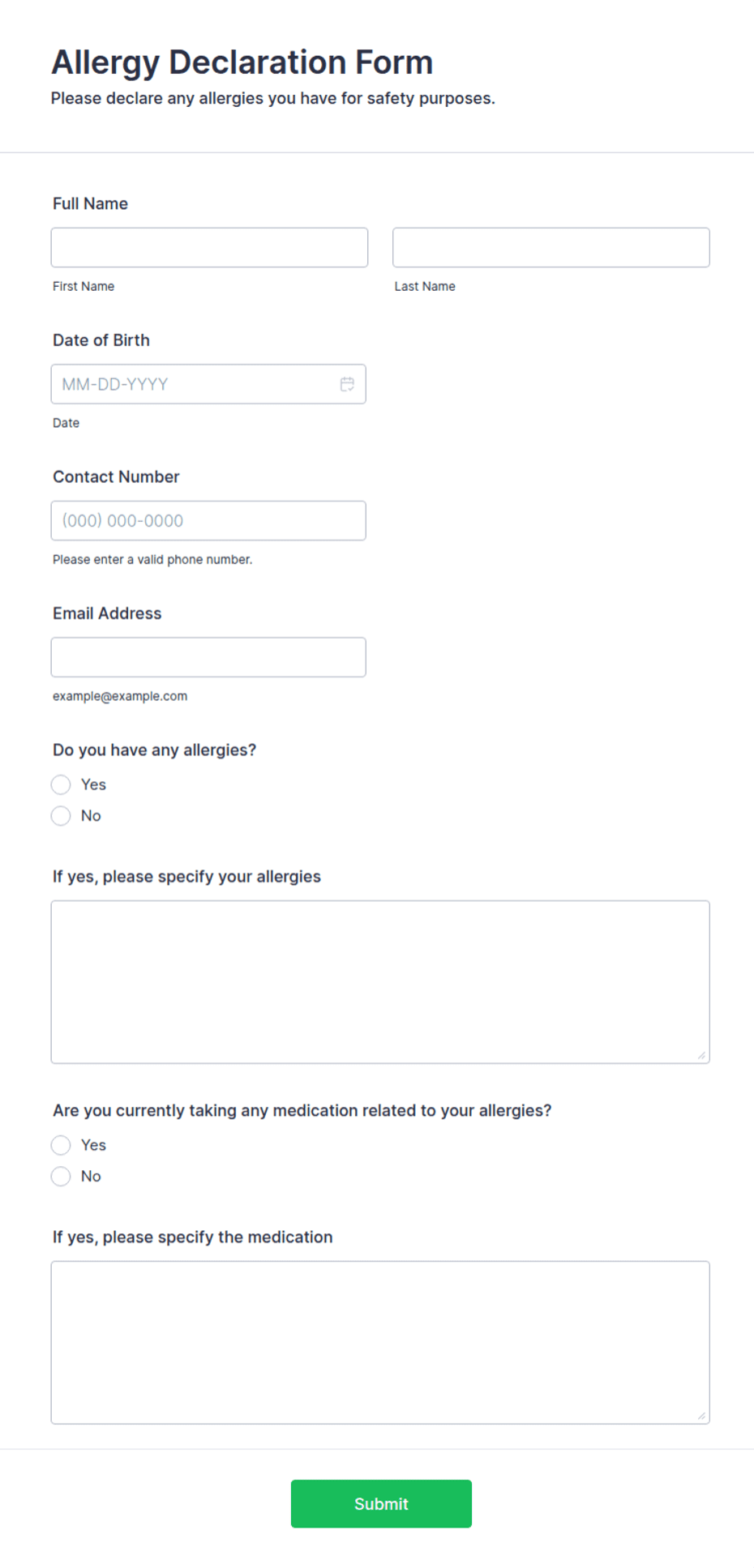 Allergy Lab Requisition Form Allergy Declaration Form Template | Jotform