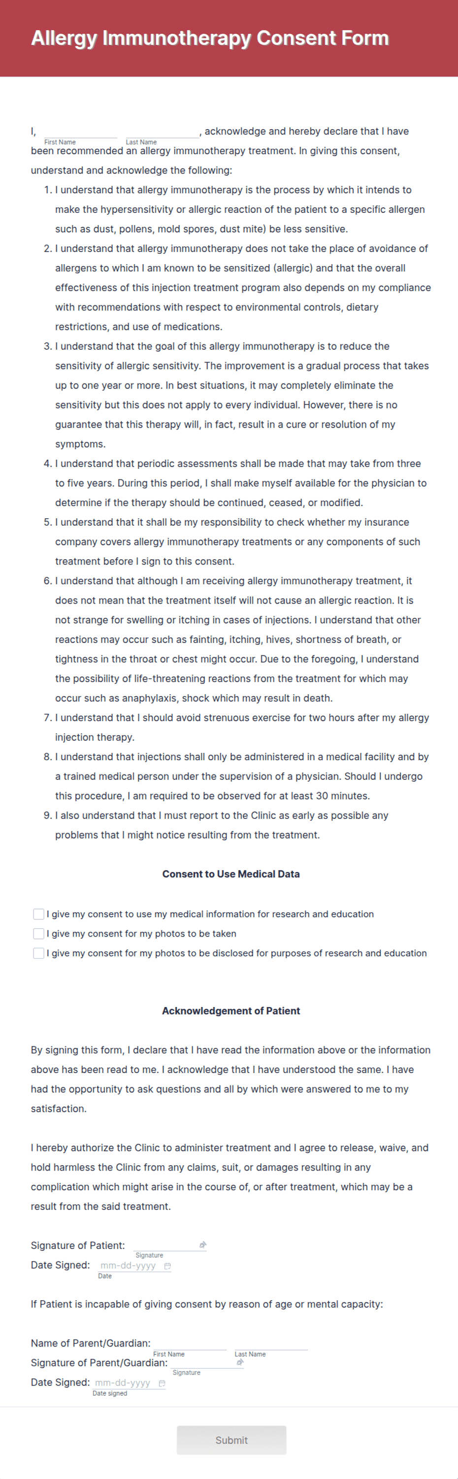 Allergy Testing Paperwork Allergy Immunotherapy Consent Form Template | Jotform