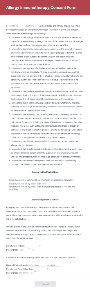 Allergy Immunotherapy Consent Form Template