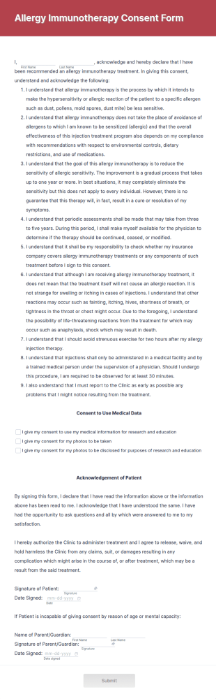Allergy Immunotherapy Consent Form Template
