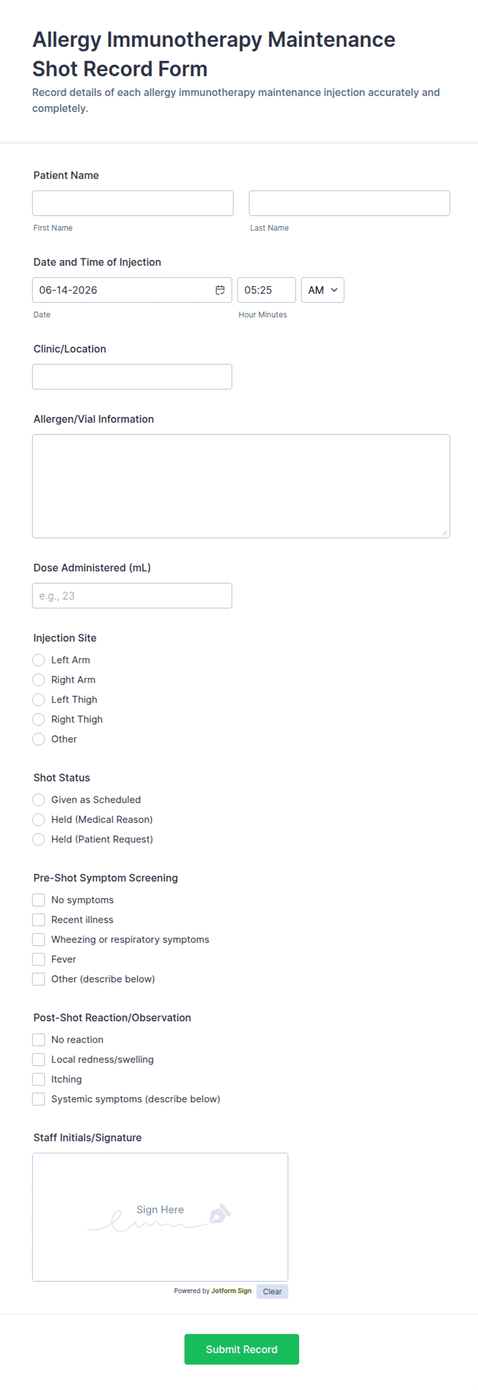 Injection Shot Count Form Allergy Immunotherapy Maintenance Shot Record Form Template | Jotform