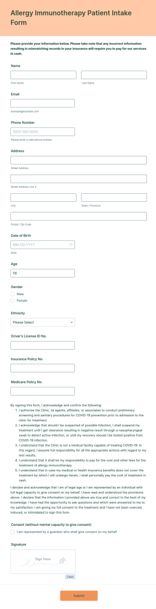 Allergy Immunotherapy Patient Intake Form Template