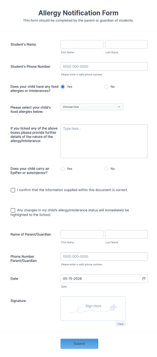 Allergy Notification Form Template