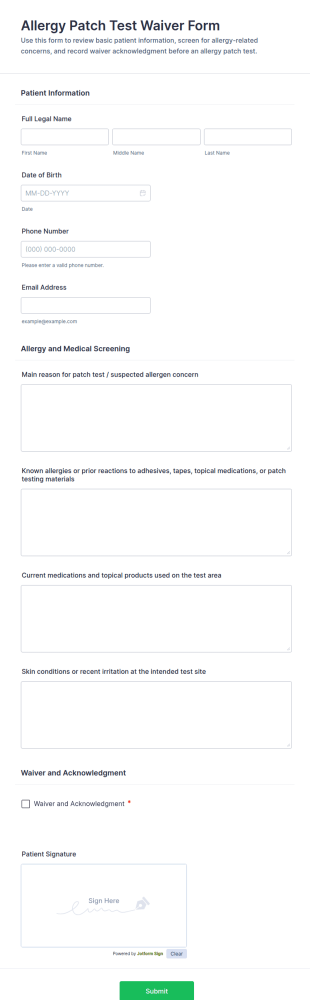 Allergy Patch Test Waiver Form Template