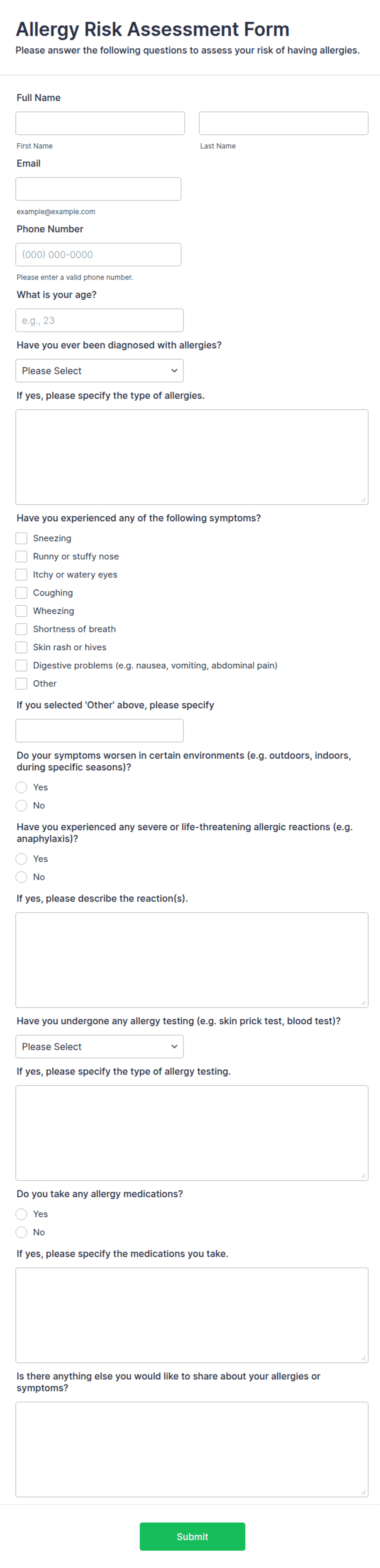 Allergy Testing Paperwork Allergy Risk Assessment Form Template | Jotform