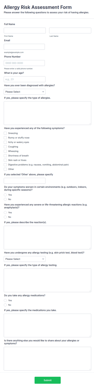 Allergy Risk Assessment Form Template