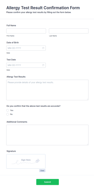 Allergy Test Result Confirmation Form Template