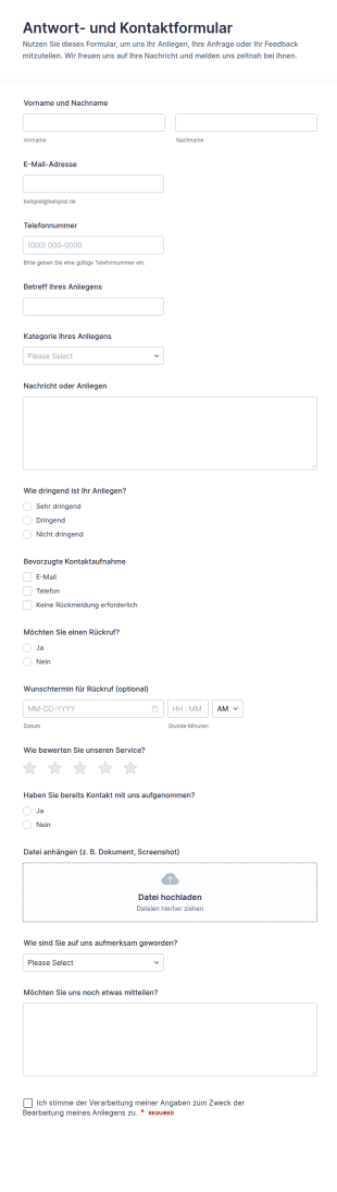 Allgemeine Rückmeldeanfrage Formular