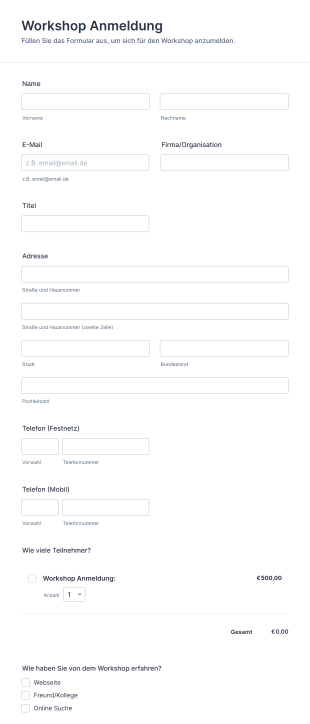 Allgemeine Workshop Anmeldung Form Template