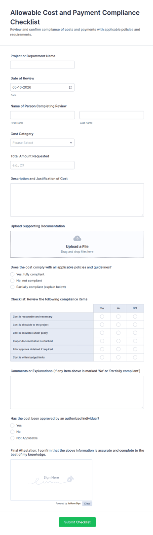 Allowable Cost And Payment Compliance Checklist Form Template