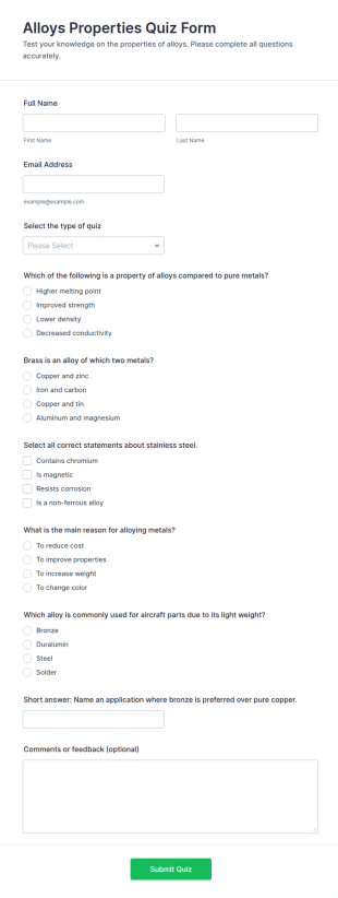 Alloys Properties Quiz Form Template