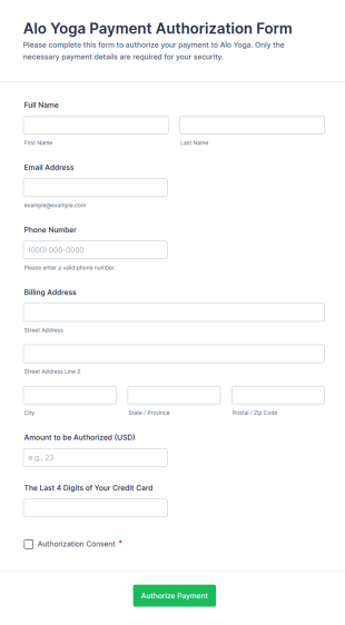 Alo Yoga Payment Authorization Form Template