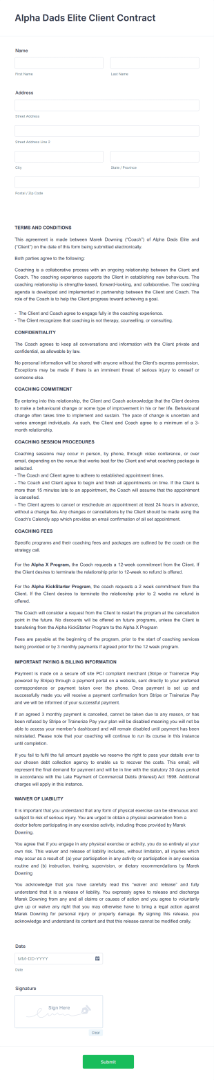 Alpha Dads Elite Client Contract Form Template
