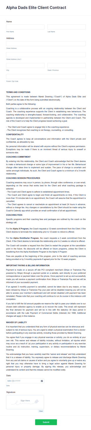 Alpha Dads Elite Client Contract Form Template