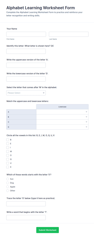 Alphabet Learning Worksheet Form Template