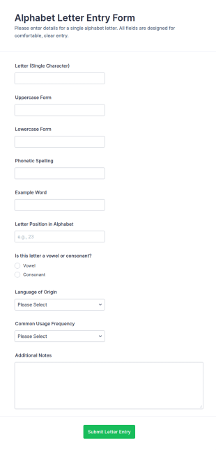 Alphabet Letter Entry Form Template