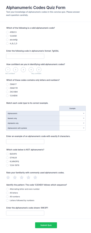 Alphanumeric Codes Quiz Form Template