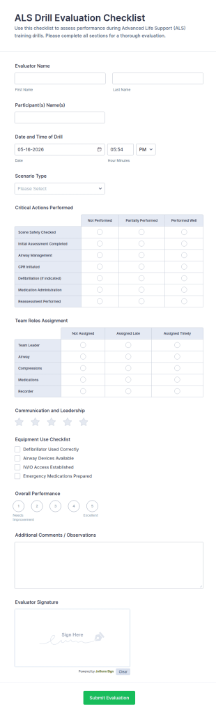 ALS Drill Evaluation Checklist Form Template