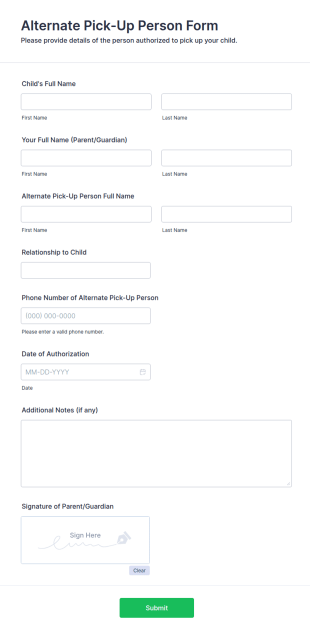 Alternate Pick Up Person Form Template