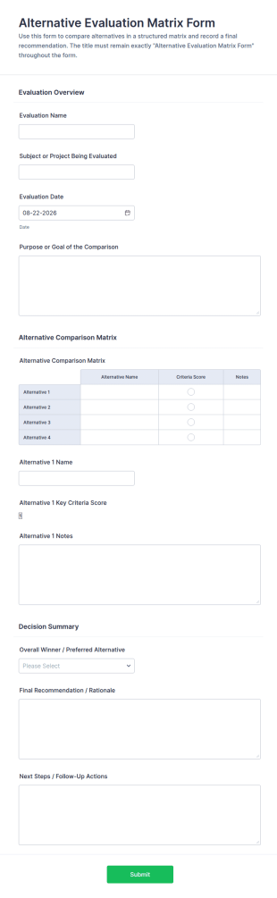Alternative Evaluation Matrix Form Template