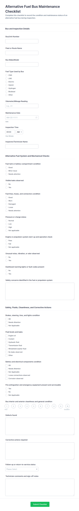 Alternative Fuel Bus Maintenance Checklist Form Template