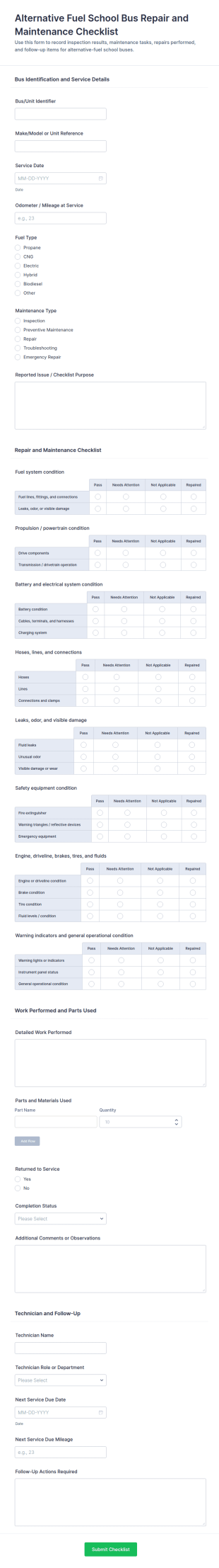 Alternative Fuel School Bus Repair And Maintenance Checklist Form Template