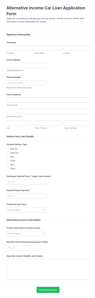 Alternative Income Car Loan Application Form Template