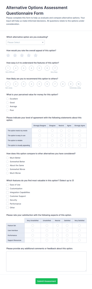 Alternative Options Assessment Questionnaire Form Template