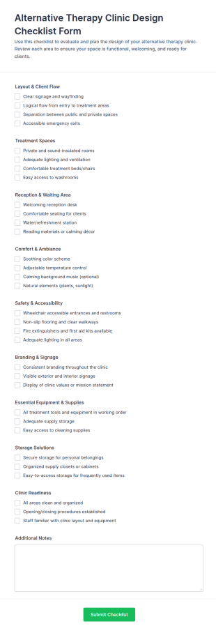 Alternative Therapy Clinic Design Checklist Form Template