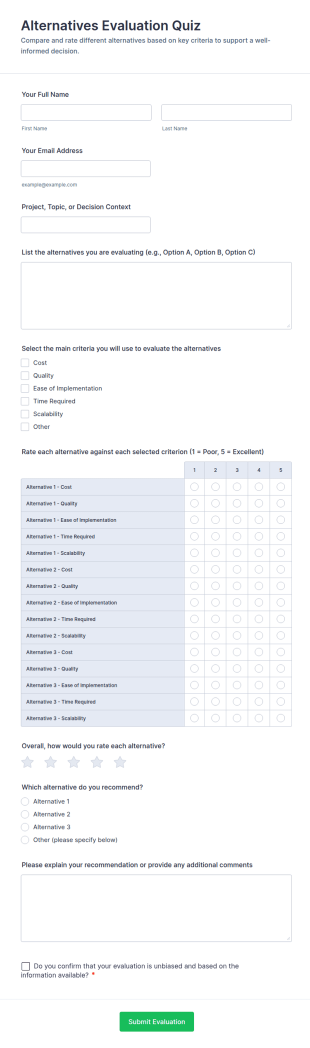 Alternatives Evaluation Quiz Form Template