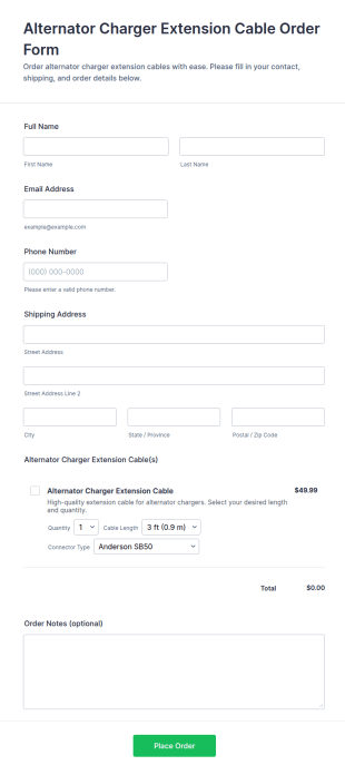 Alternator Charger Extension Cable Order Form Template
