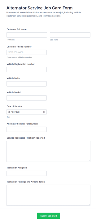 Alternator Service Job Card Form Template