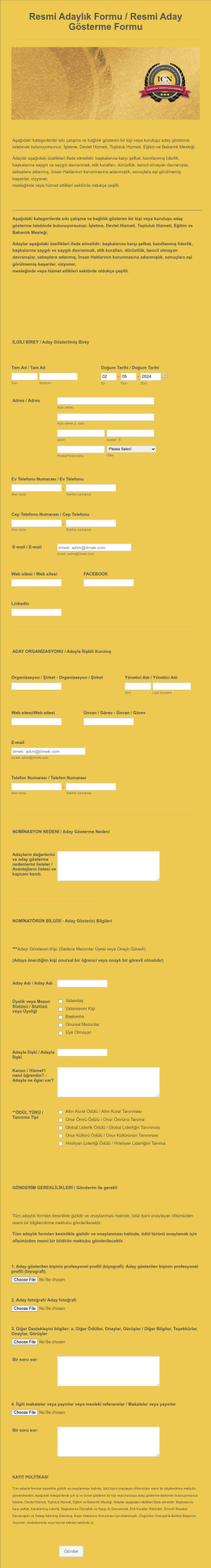 Altın Kural Ödülü Adaylık Form Template