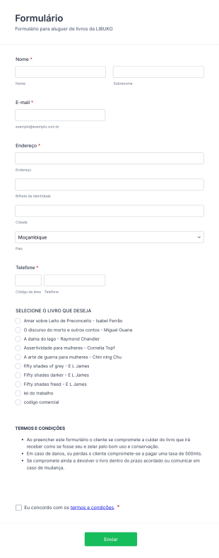 Aluguer De Livro Form Template