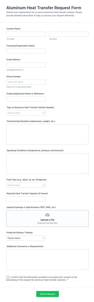 Aluminum Heat Transfer Request Form Template