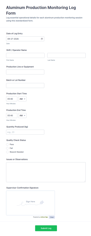 Aluminum Production Monitoring Log Form Template