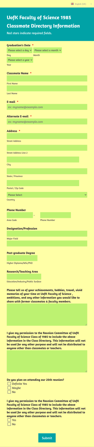 Alumni Contact Information Form Template