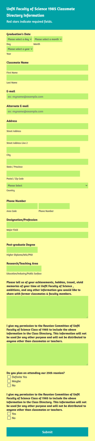 Alumni Contact Information Form Template