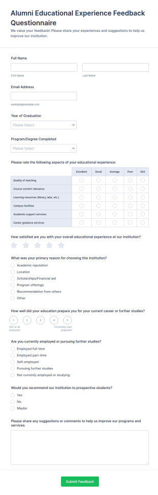 Alumni Educational Experience Feedback Questionnaire Form Template