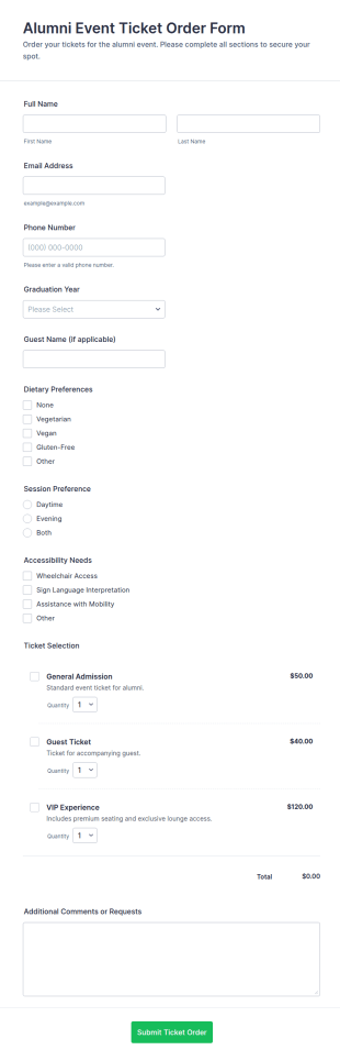 Alumni Event Ticket Order Form Template