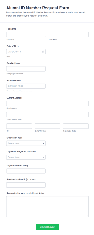 Alumni ID Number Request Form Template