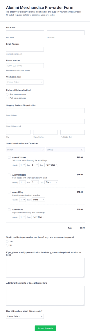 Alumni Merchandise Pre Order Form Template