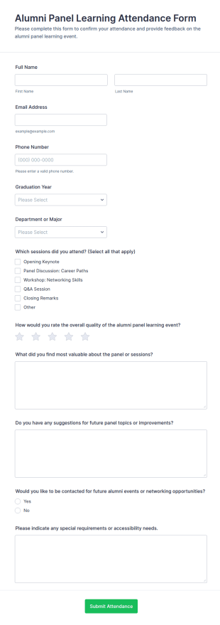 Alumni Panel Learning Attendance Form Template