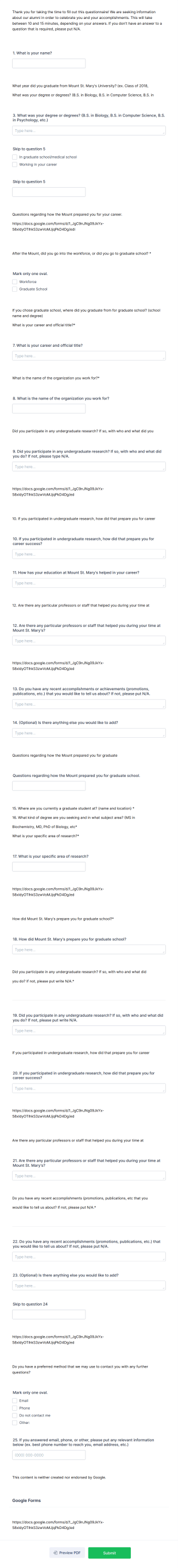 Alumni Questionnaire Form Template