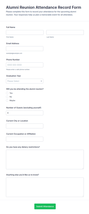 Alumni Reunion Attendance Record Form Template
