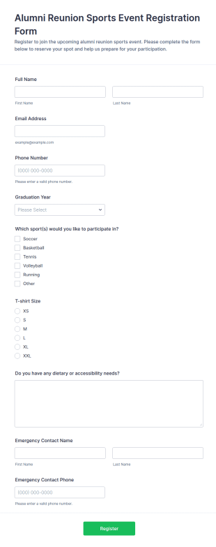 Alumni Reunion Sports Event Registration Form Template