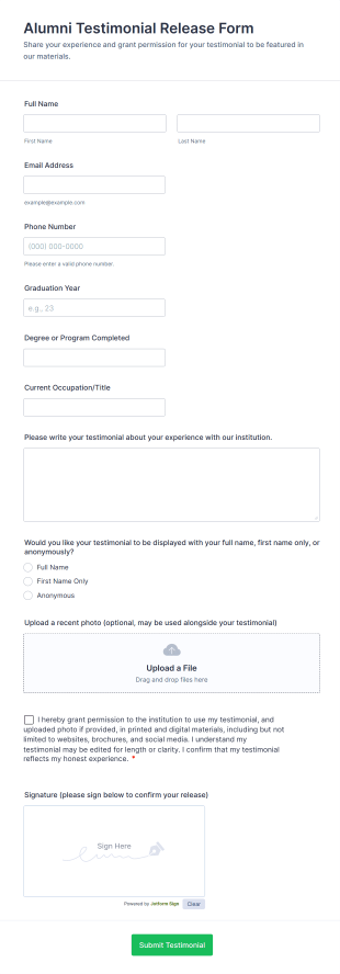 Alumni Testimonial Release Form Template