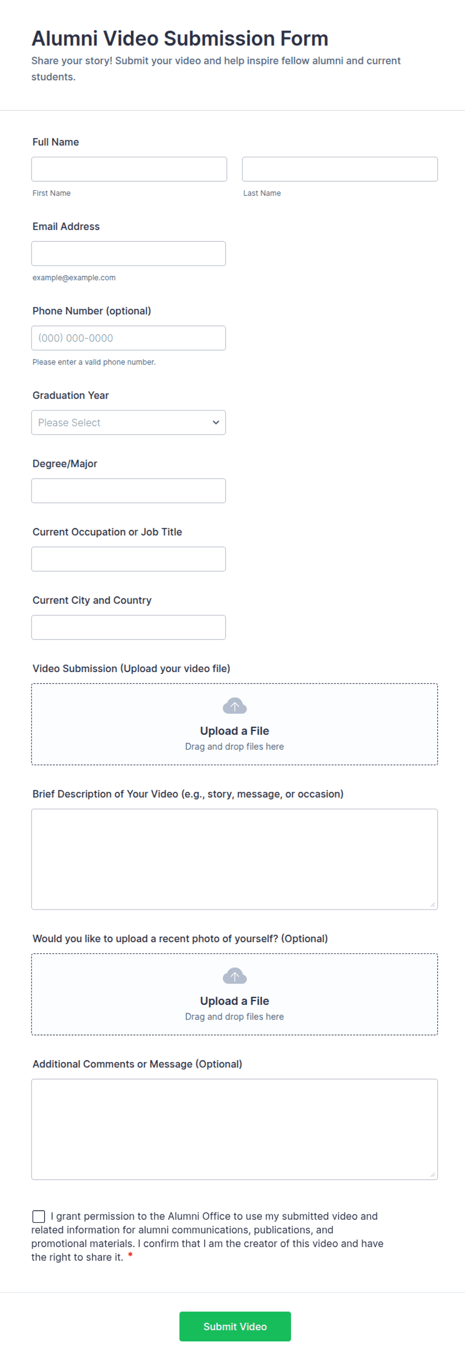 Alumni Video Submission Form Template | Jotform