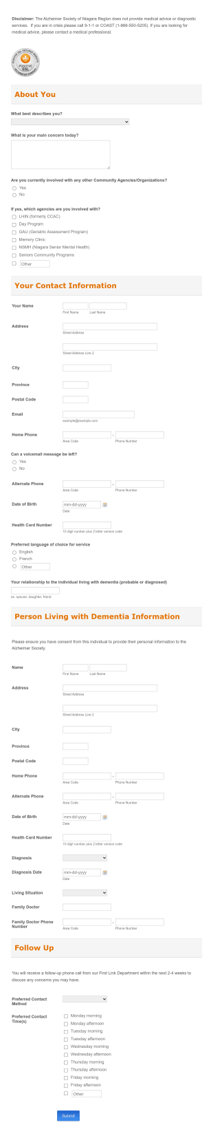 Alzheimer Niagara Intake Form Family Form Template