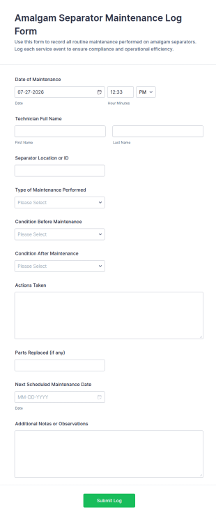 Amalgam Separator Maintenance Log Form Template